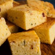 cubes of cornbread speckled with basil and sundried tomatoes.