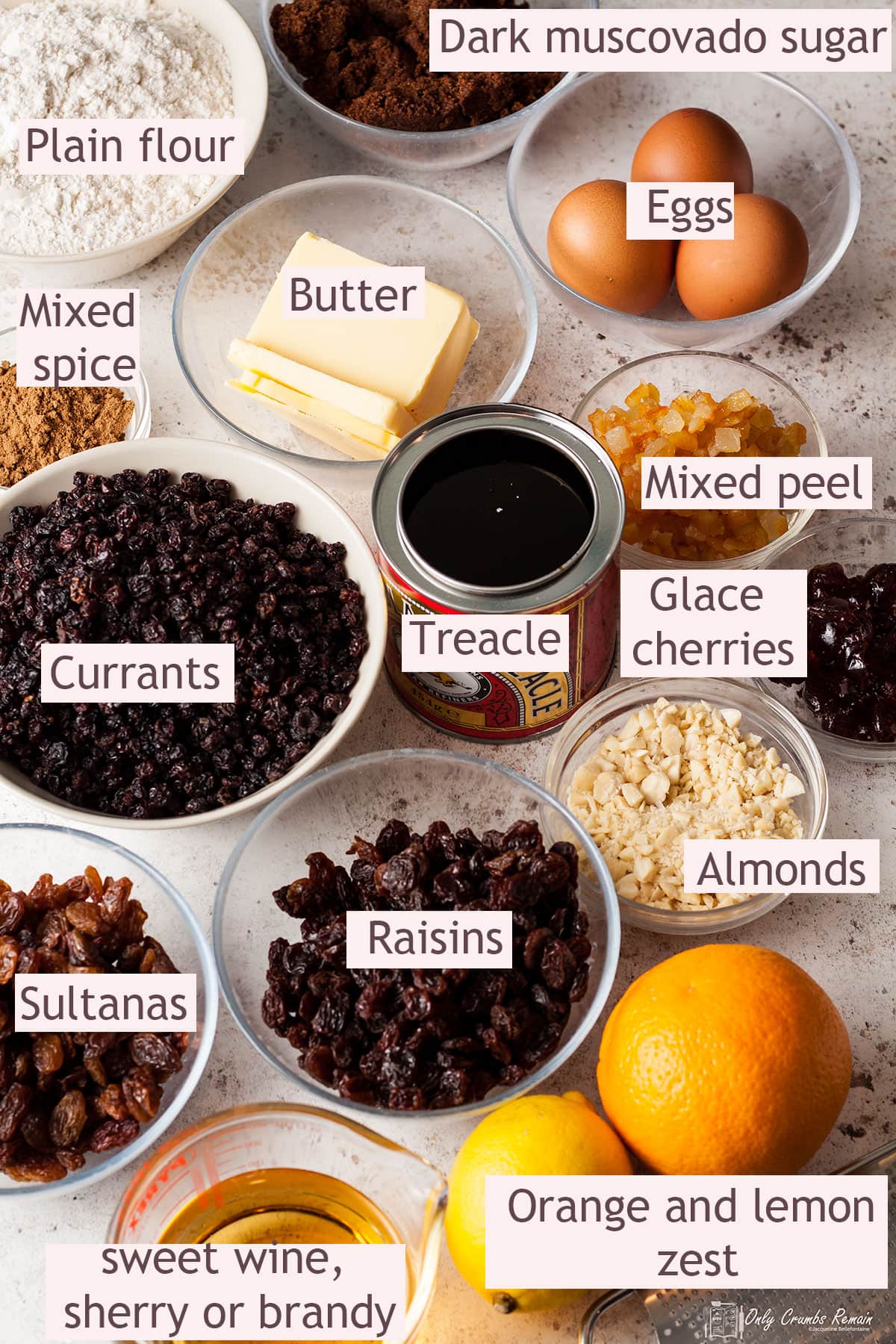 ingredients for a rich fruit cake.
