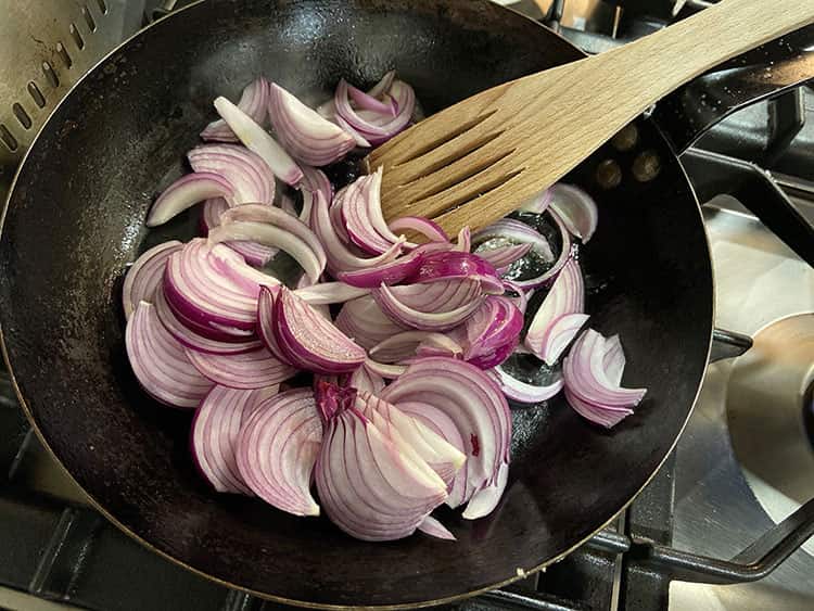 onions in frying pan.
