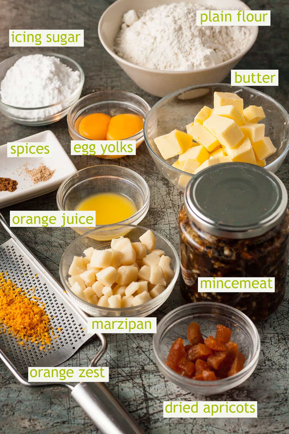 ingredients required to make mince pies with marzipan and apricots.