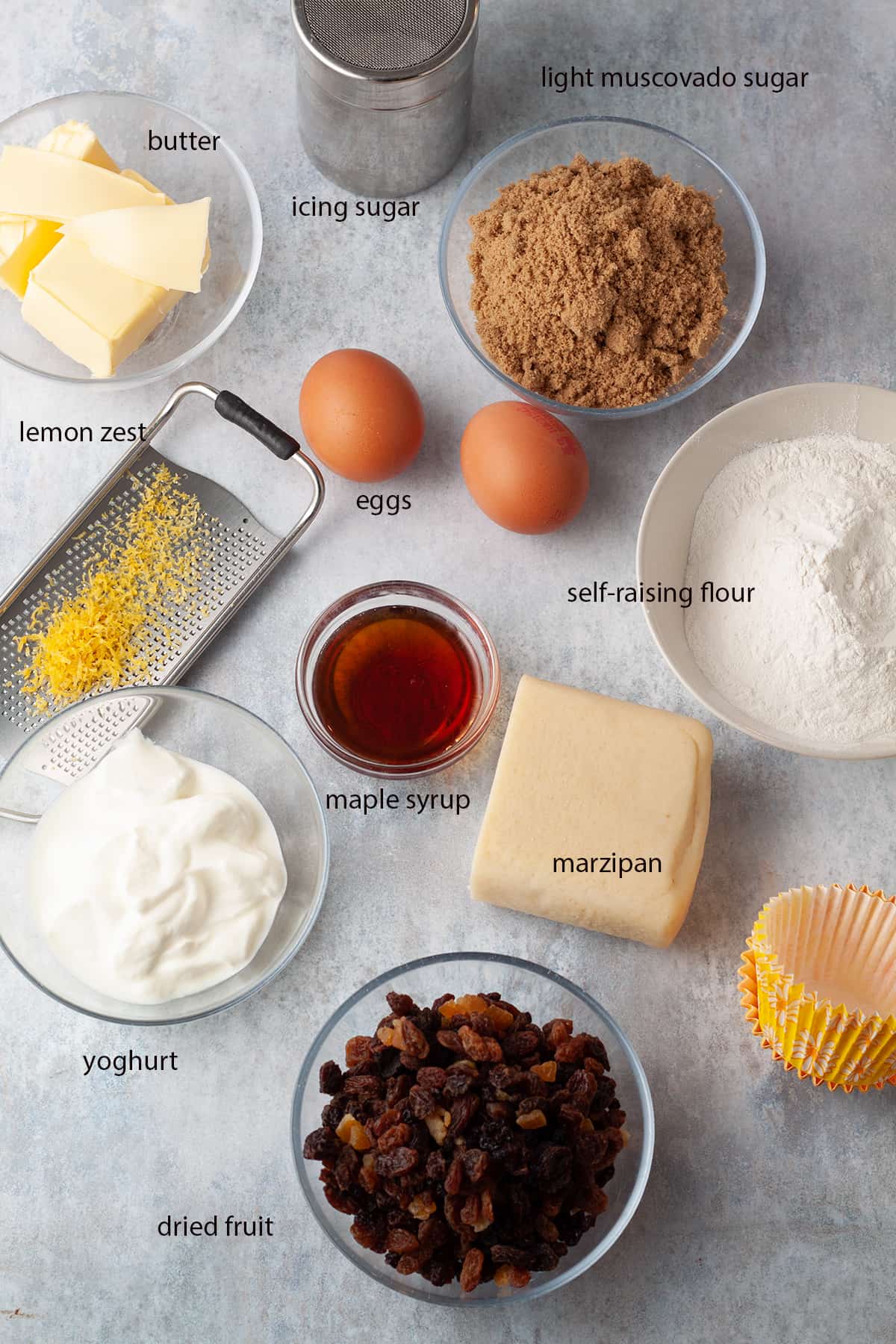 ingredients to make simnel cupcakes