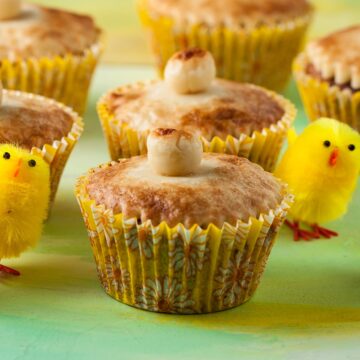 toasted simnel cupcakes with Easter chick decorations
