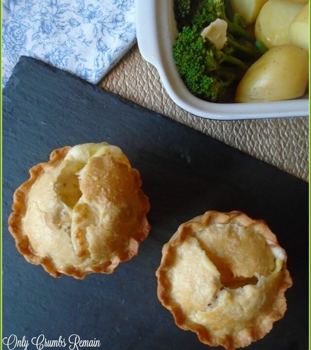 2 chicken and leek pies with vegetables in a side dish