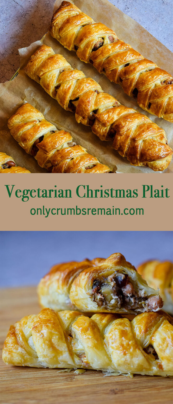 Vegetarian Christmas plait whole and cut open.