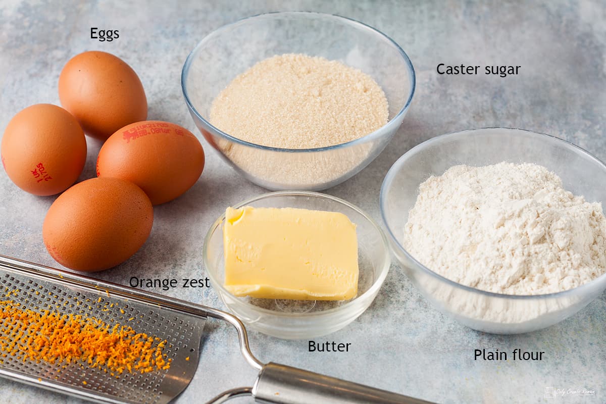 Ingredients to make the orange genoise sponge.