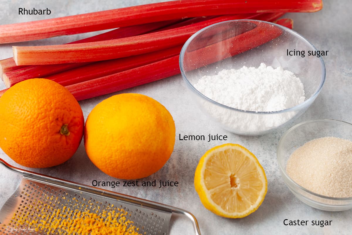 Ingredients to make the rhubarb jam and orange.