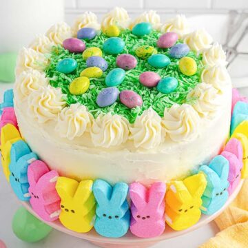 Easter peep cake on stand.