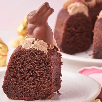 slice of chocolate bundt cake on plate.