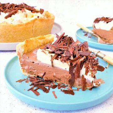 french silk pie slice on a plate.