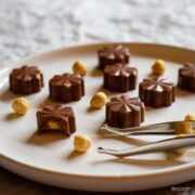 homemade hazelnut and caramel chocolates on a plate.