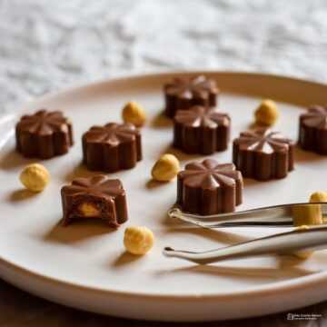 homemade hazelnut and caramel chocolates on a plate.