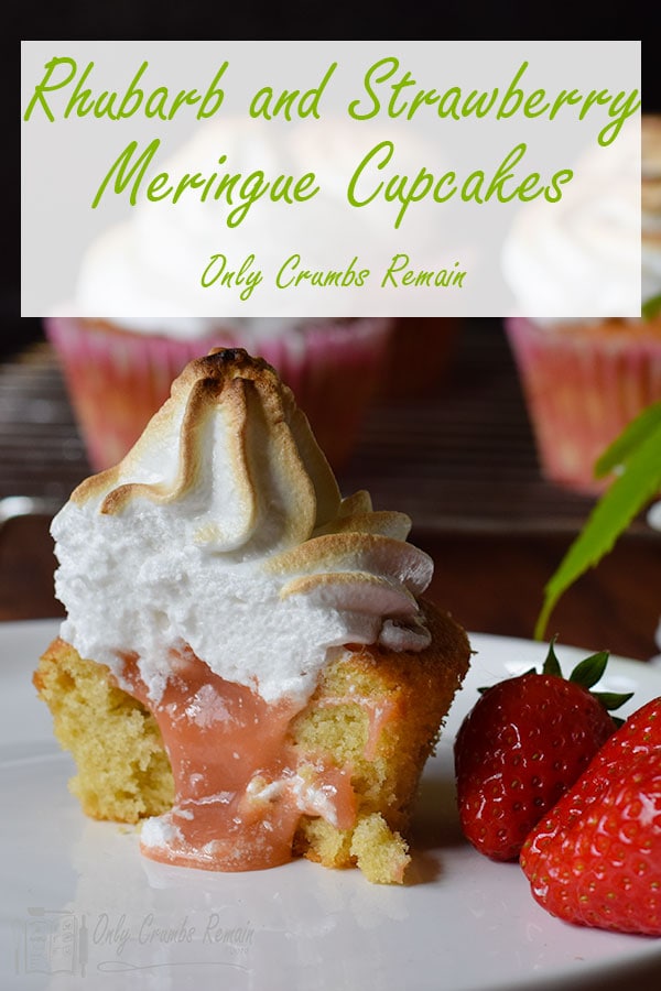 cut open rhubarb and strawberry meringue cupcake