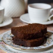 slices of gingerbread cake on a plate.