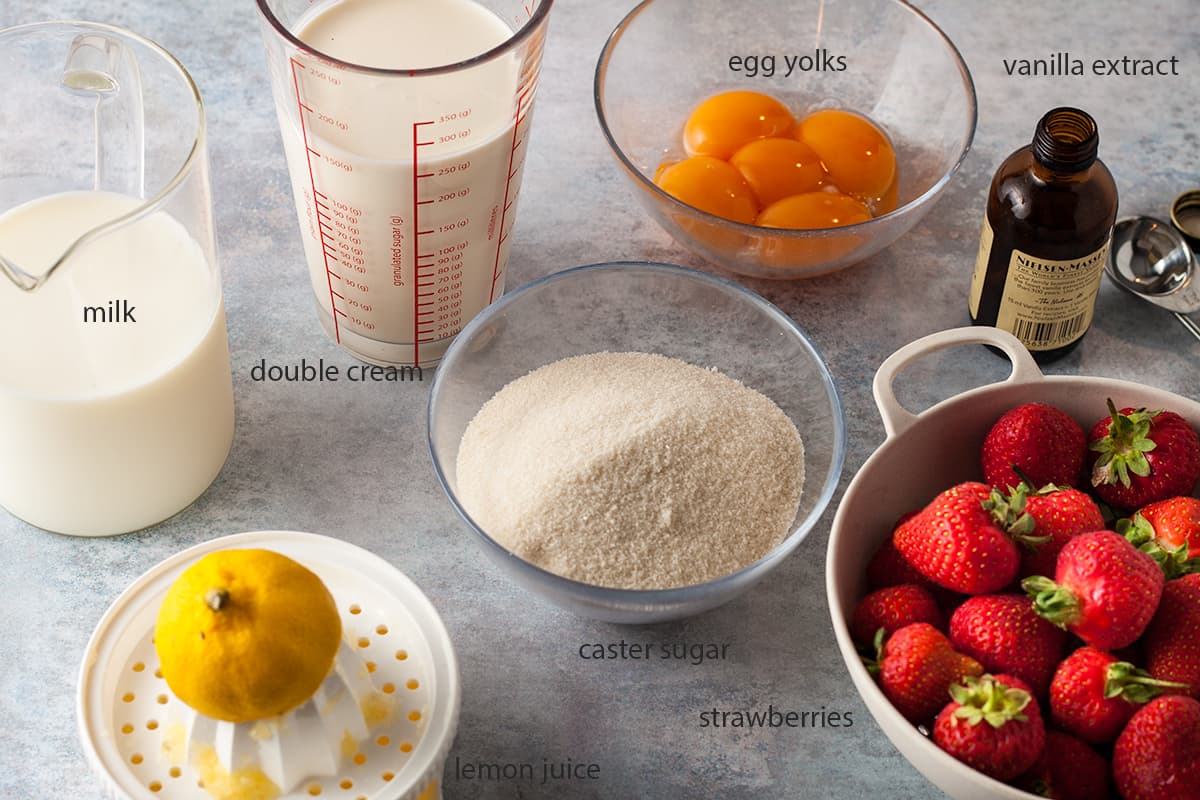 ingredients needed to make fresh strawberry ice cream.