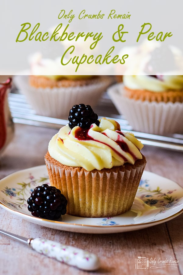 blackberry and pear cupcake with mascarpone and white chocolate frosting