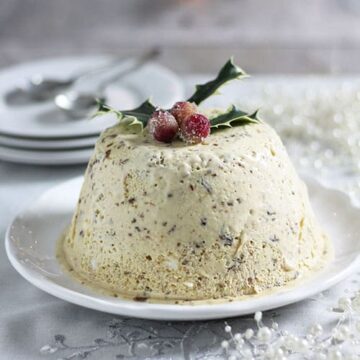 Christmas pudding icecream on a serving plate.