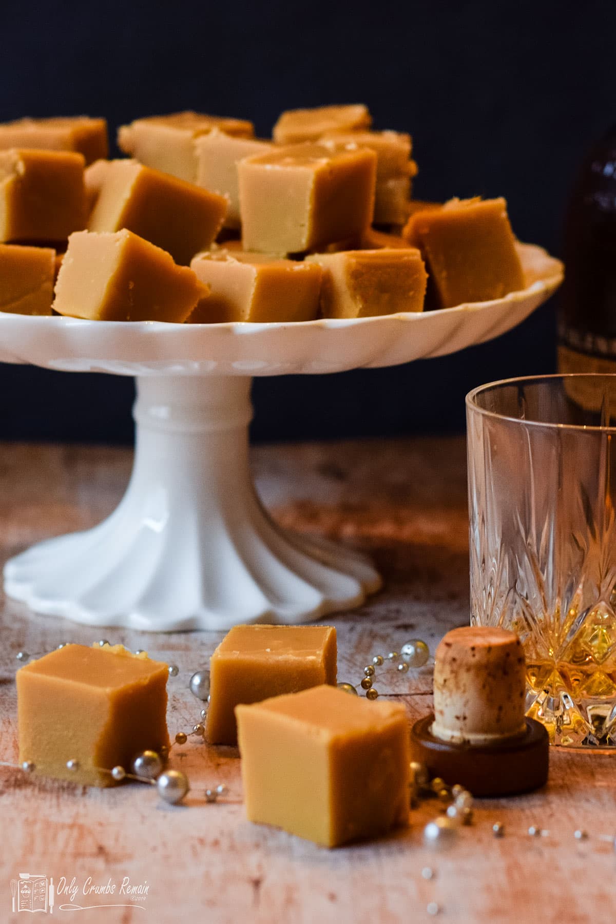 whisky fudge on a cake stand