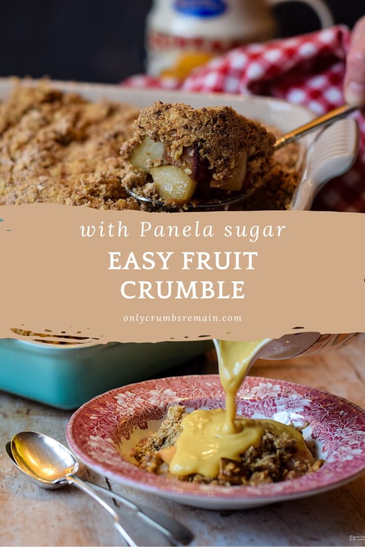 Two part picture with recipe title in middle. Top picture serving dish of easy fruit crumble. Bottom custard poured over easy fruit crumble