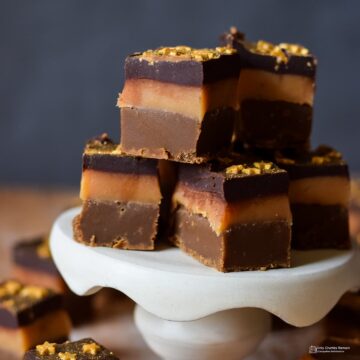 closeup of Salted Caramel Millionaire's Fudge on white stand.