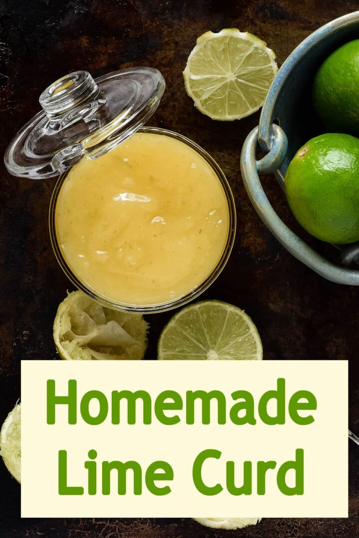 jar of lime curd with bowl of limes and text overlay.