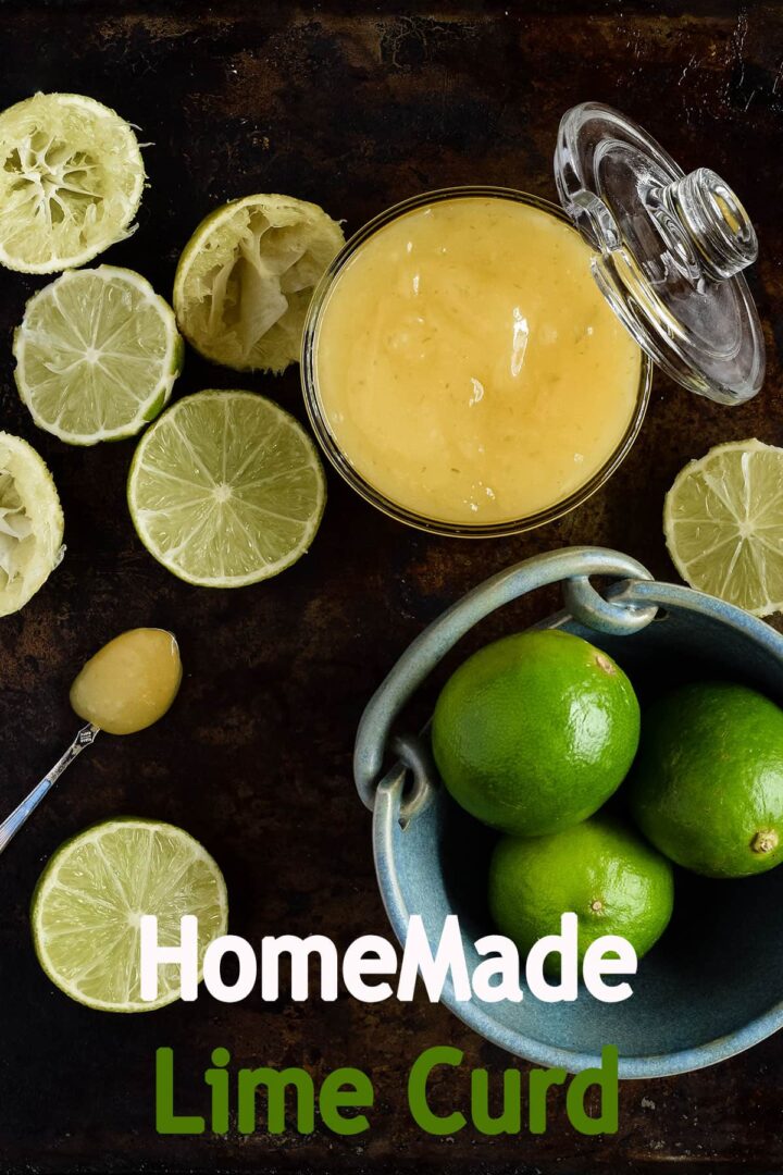 open jar of lime curd with text overlay.