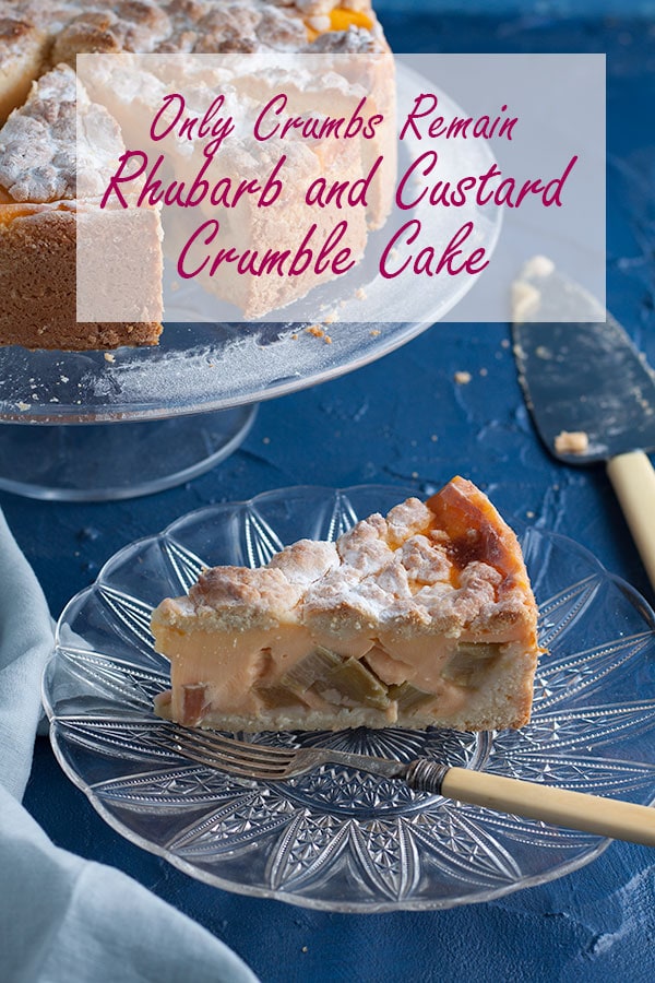rhubarb and custard crumble cake on a plate
