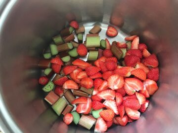 strawberries and rhubarb in pan