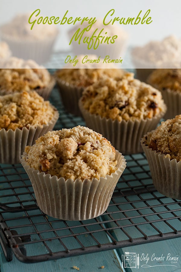gooseberry crumble muffins on a cooling rack
