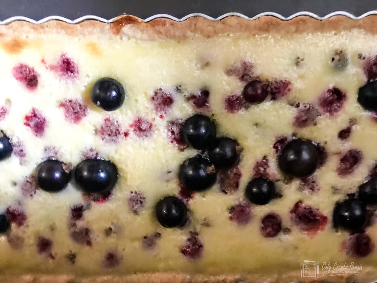 remaining blackcurrants on part baked filling.