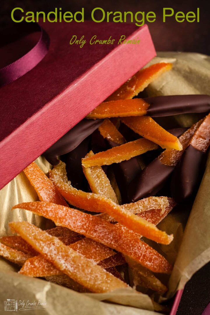 plain and chcolate dipped candied orange peel in a git box