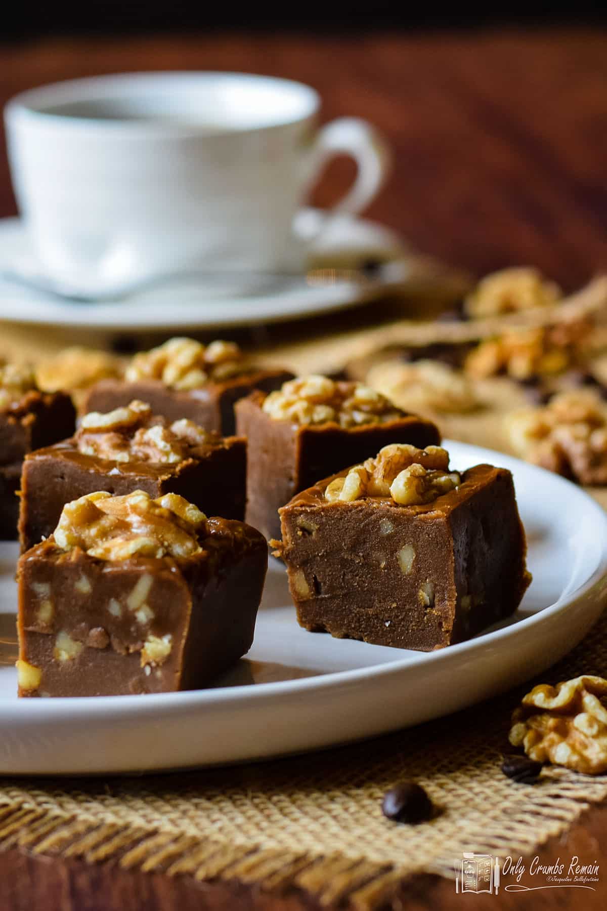 coffee and walnut fudge on a serving plate.