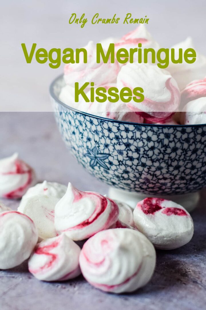 vegan meringue kisses in a bowl and on table.