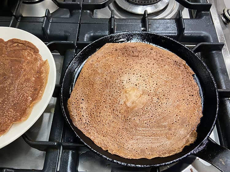 cooked pancake in pan.