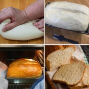 collage of photographs showing kneading bread, risen bread in tin. baked loaf coming out of oven and sliced loaf.
