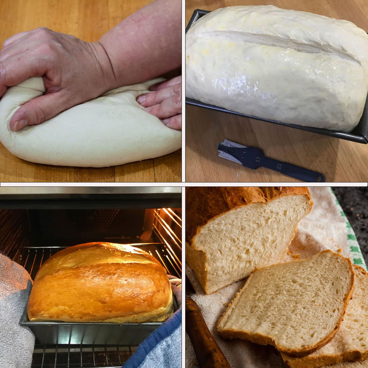 collage of photographs showing kneading bread, risen bread in tin. baked loaf coming out of oven and sliced loaf.