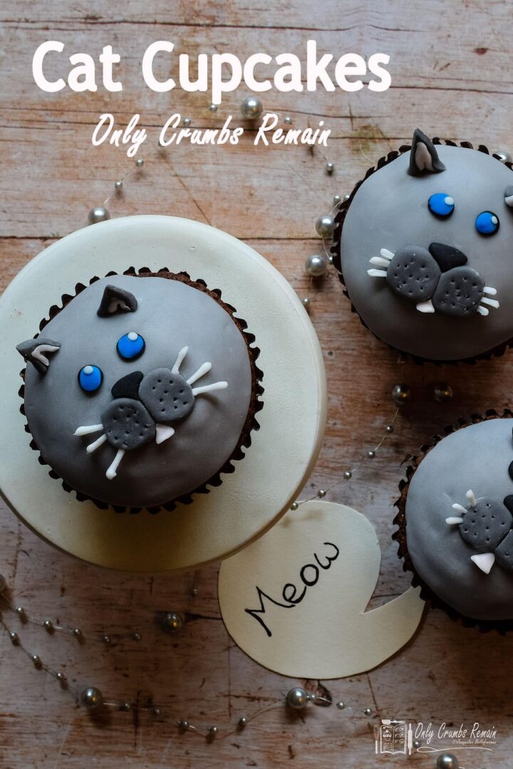 3 cat cupcakes with text overlay.