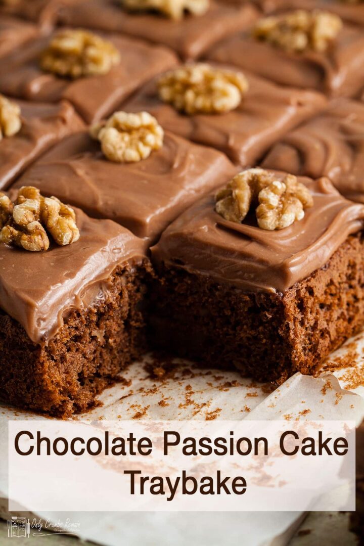 chcolate passion cake traybake with piece taken out.