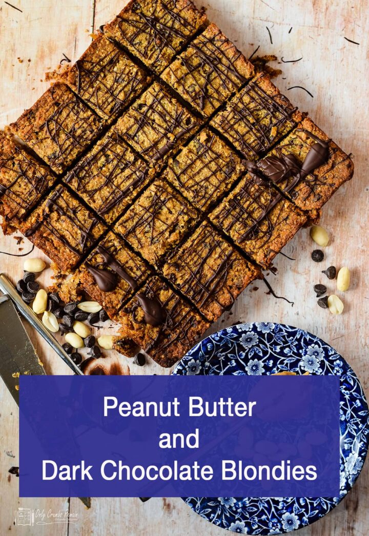 vegan peanut butter and dark chocolate blondies cut into squares.