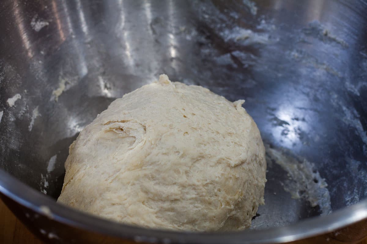 dough in a mixing bowl.
