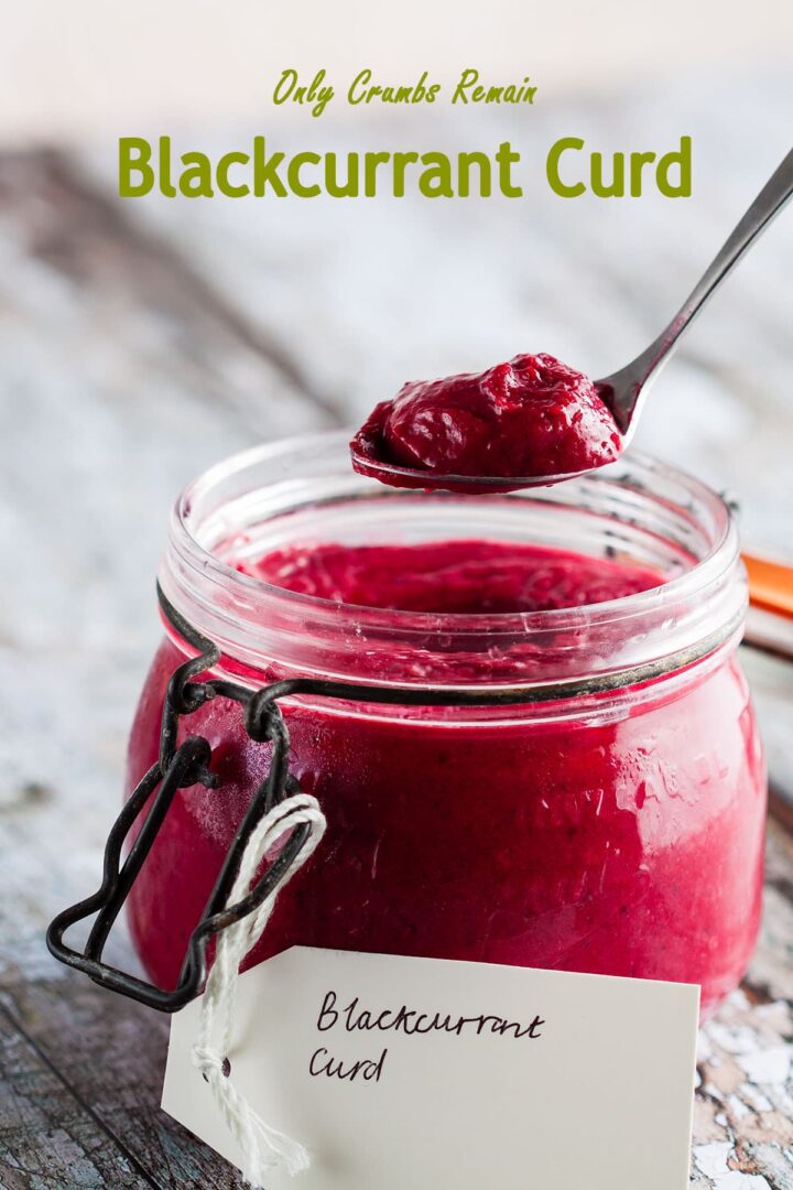 spoon of blackcurrant curd coming out of jar.