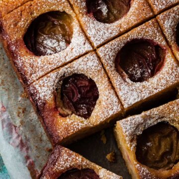 plum and almond traybake cut into squares.