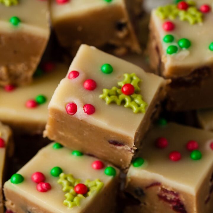 pile of Christmas fudge decorated with Christmas sprinkles