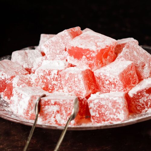 plate of Turkish delight with tongs