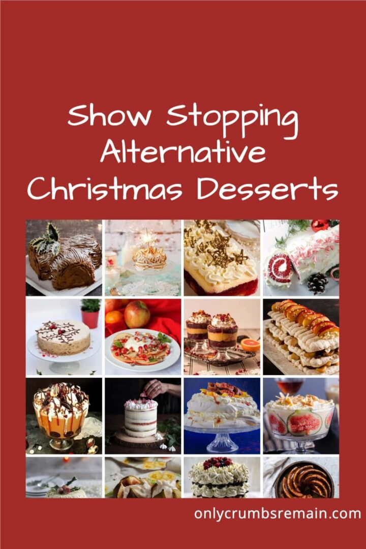 collage of Christmas Desserts on red back ground