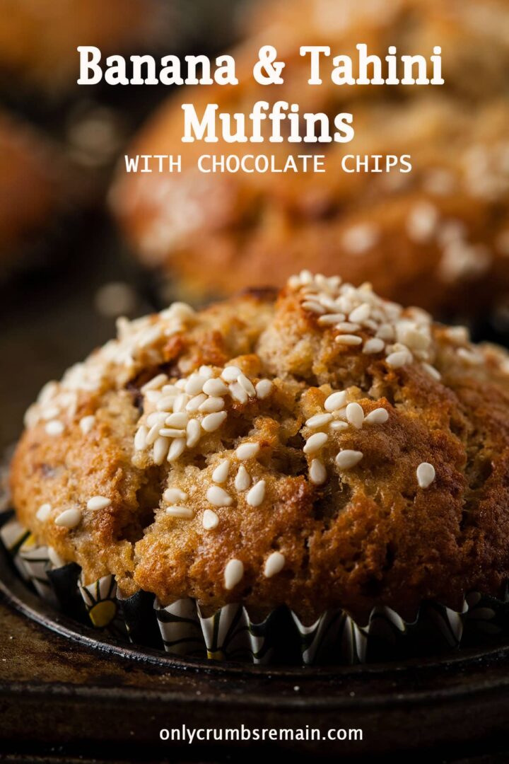 closeup of banana and tahini muffin in muffin tray.
