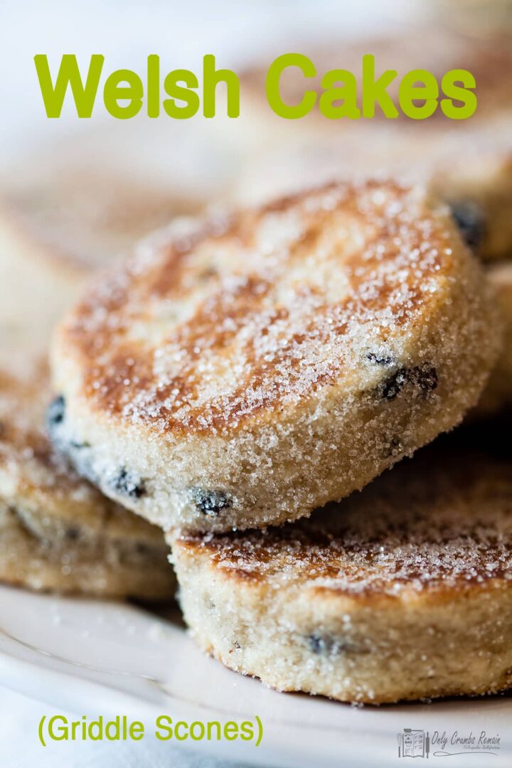 Pile of Welsh cakes on a serving plate.