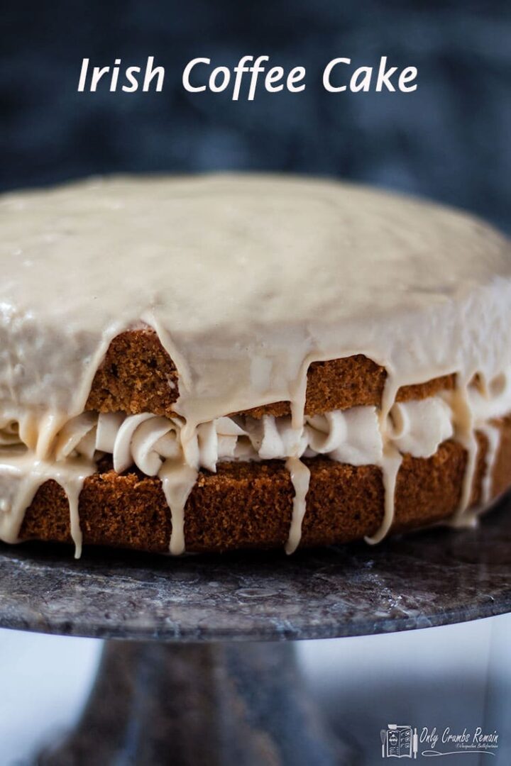 Irish coffee cake on a cake stand.