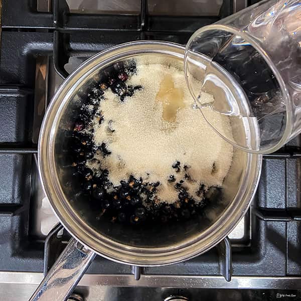 blackcurrants and sugar in pan, adding water.