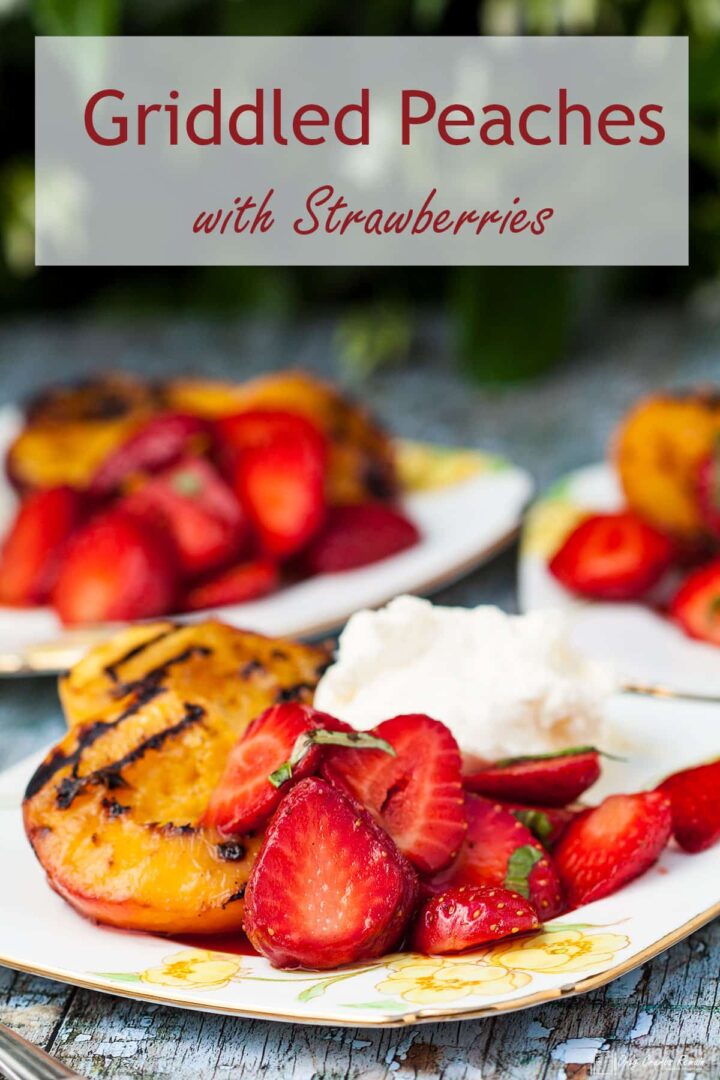 three plates of griddled peaches with macerated strawberries