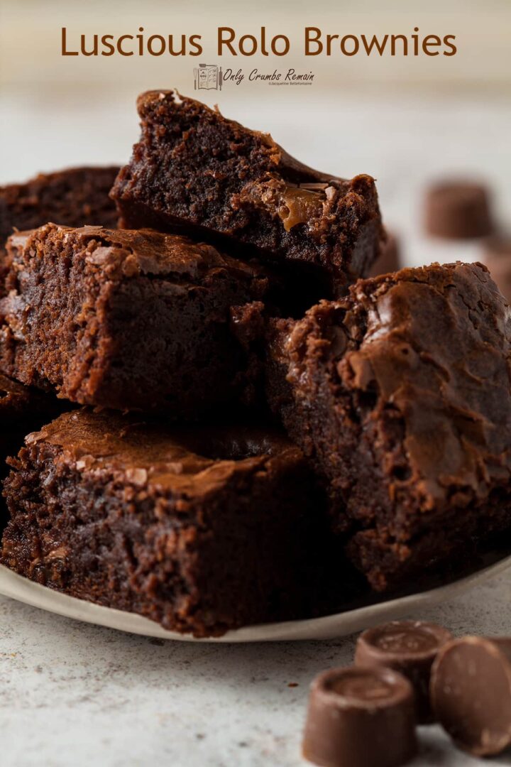 PLate of rolo brownies with rolos on the table.